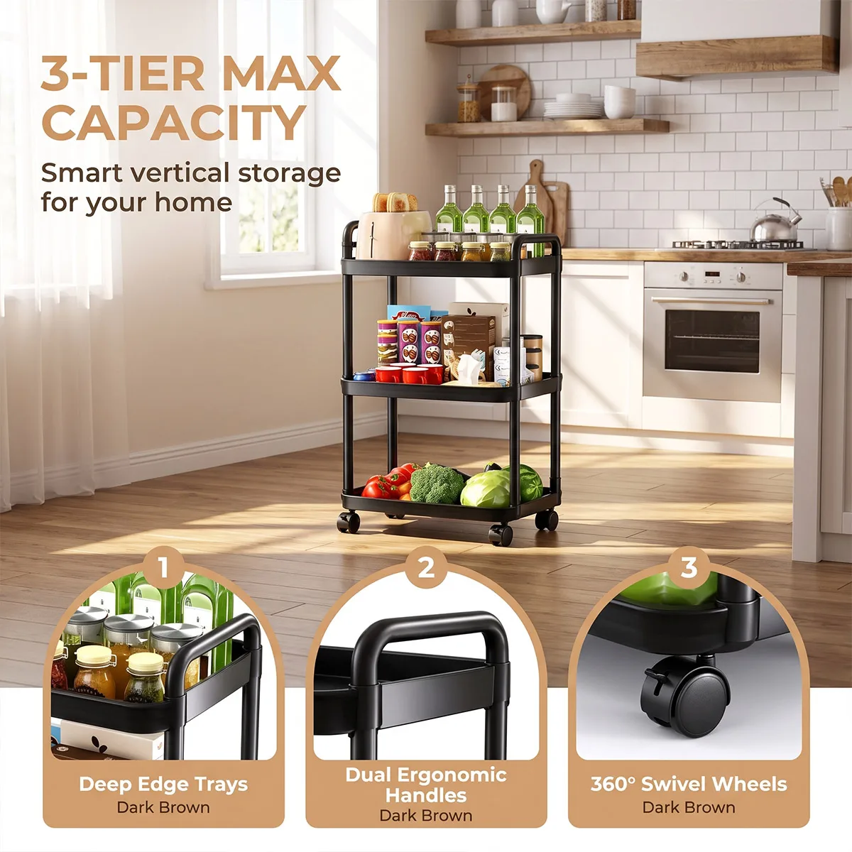 3-Tier Rolling Storage Cart with Wheels & Handles, Mobile Utility Trolley, Multi-use Storage Rack for Kitchen Bathroom Bedroom