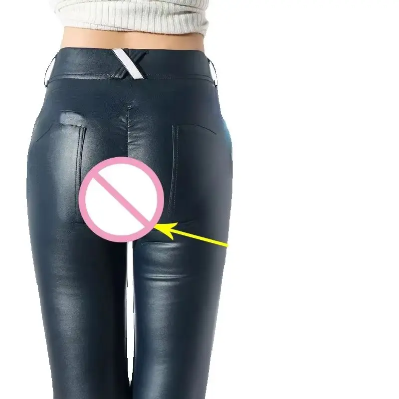Woman Sexy Open Crotch PU Pants Leather Black Crotchless Long Panties Latex Outdoor Sex Costume Double Zippers Leggings Shape