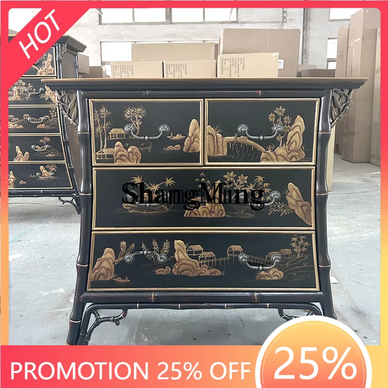 

FG Vintage Bedroom Storage High Standing Cabinet Watercolor Art Decorative Bamboo Cabinet