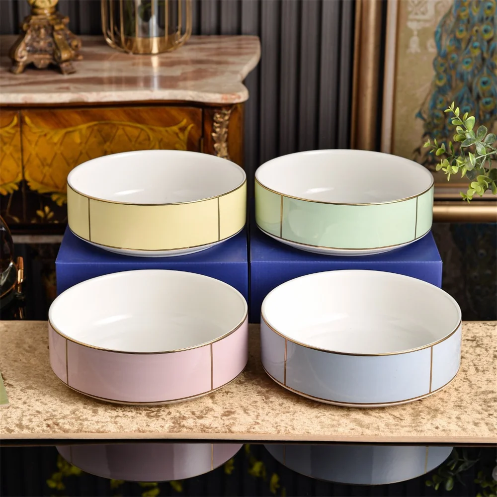 Italian Macaron Colored Ceramic 9in Salad Bowl High-end Fine Home Porcelain Sugar Bowl with Lid