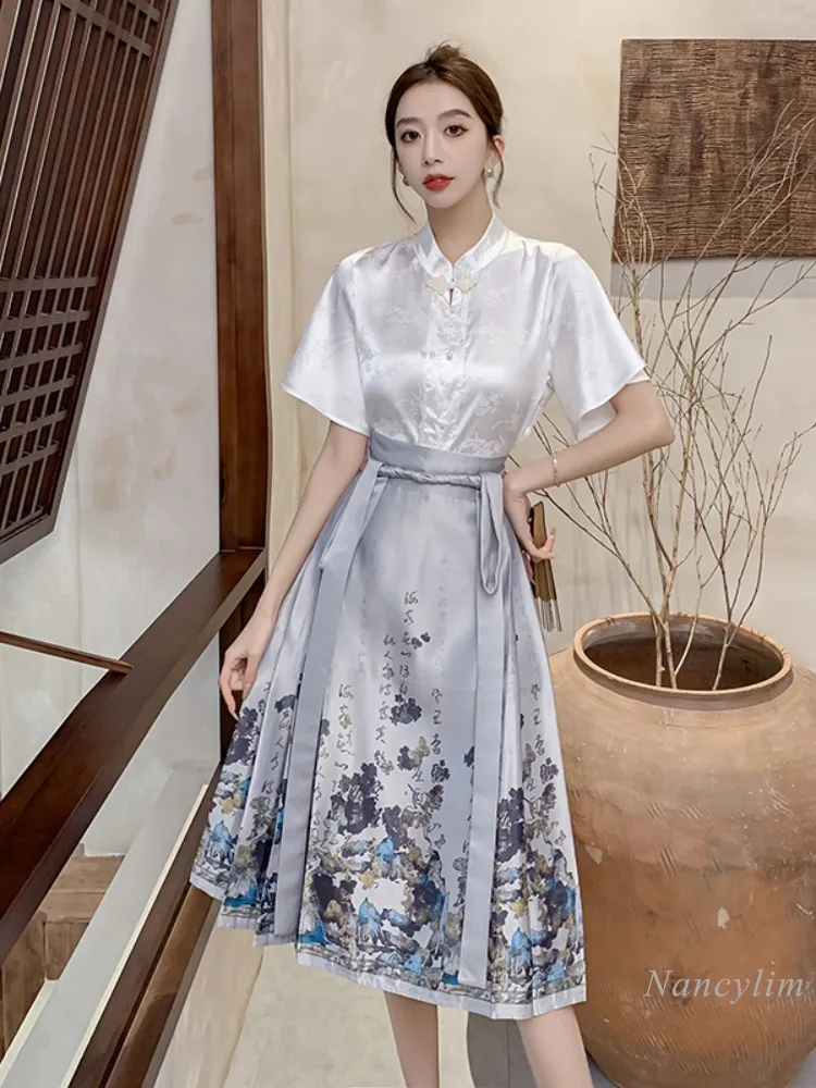 New Chinese Style Cropped Horse-Face Skirt Women\'s Petite Set 2024 Summer New Improved Hanfu High-End National Style Clothing