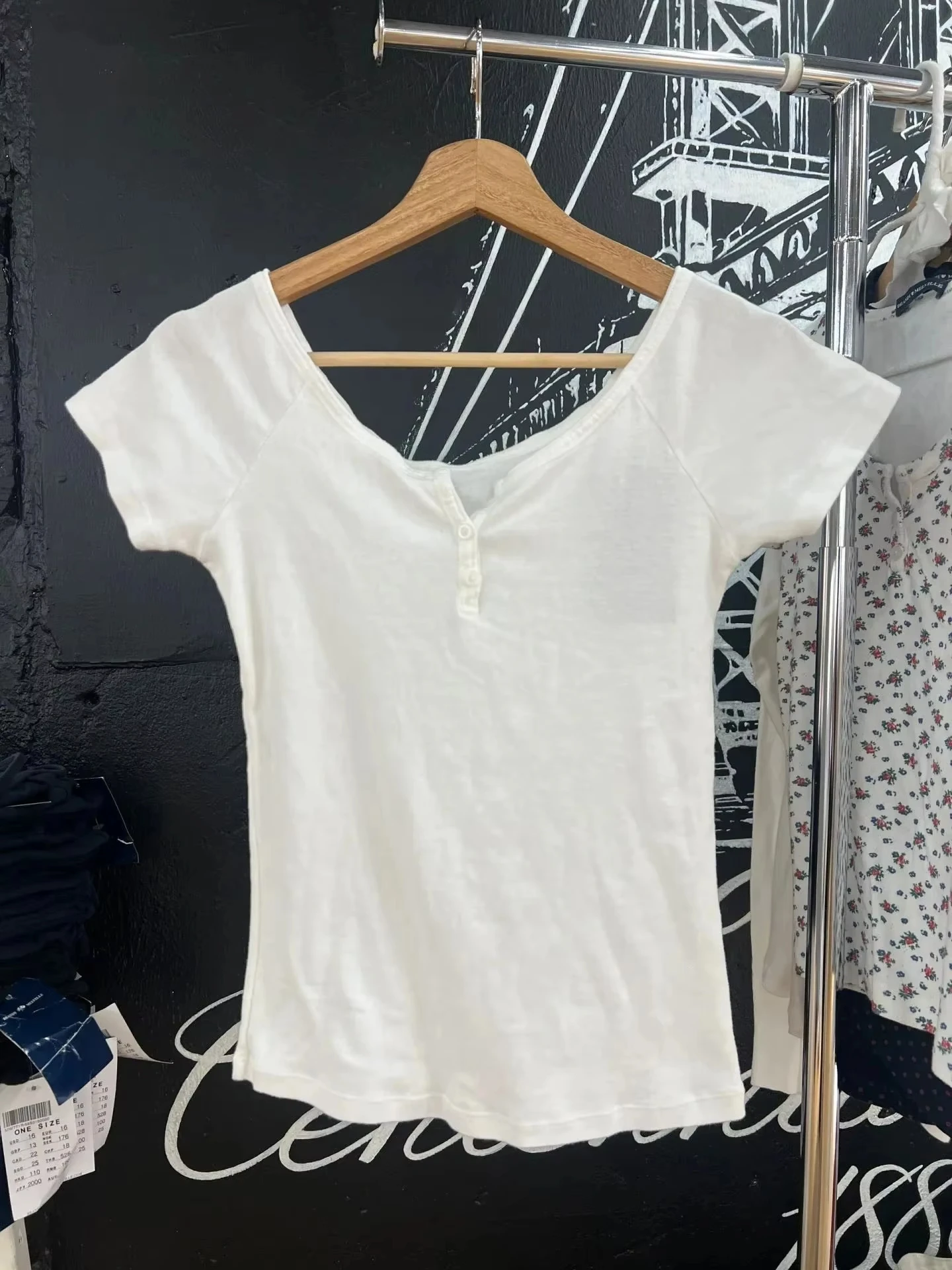 Buttons T-shirt Woman Cotton Simple Basic Scoop Neck Short Raglan Sleeve Slim Tee Shirt Cute Casual All-match Crop Top Y2k