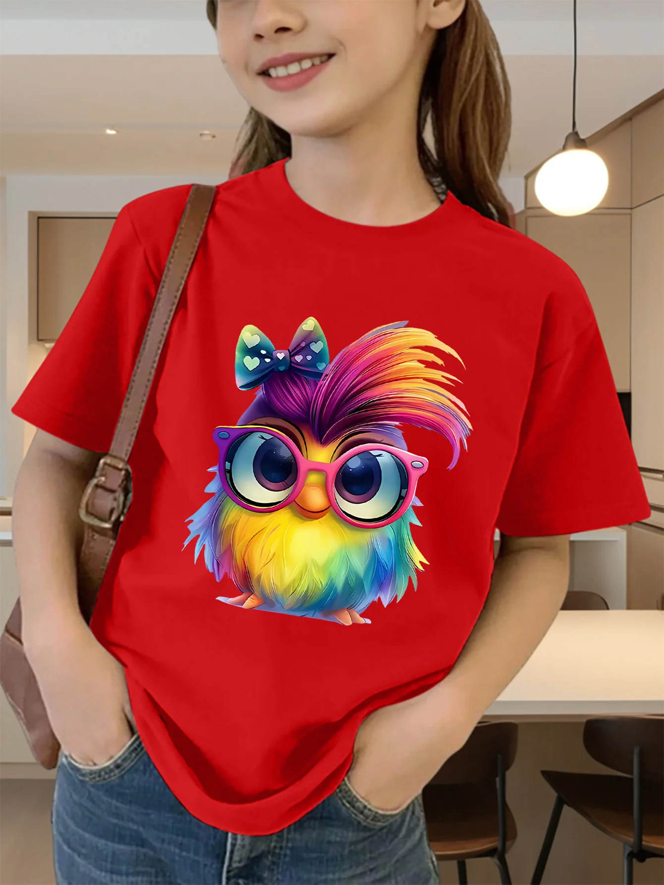 Cute Rainbow Bird Cartoon Print Graphic Kids Tee Boys Girls Family Matching Cotton Crew Neck Short Sleeve Soft Summer Tee