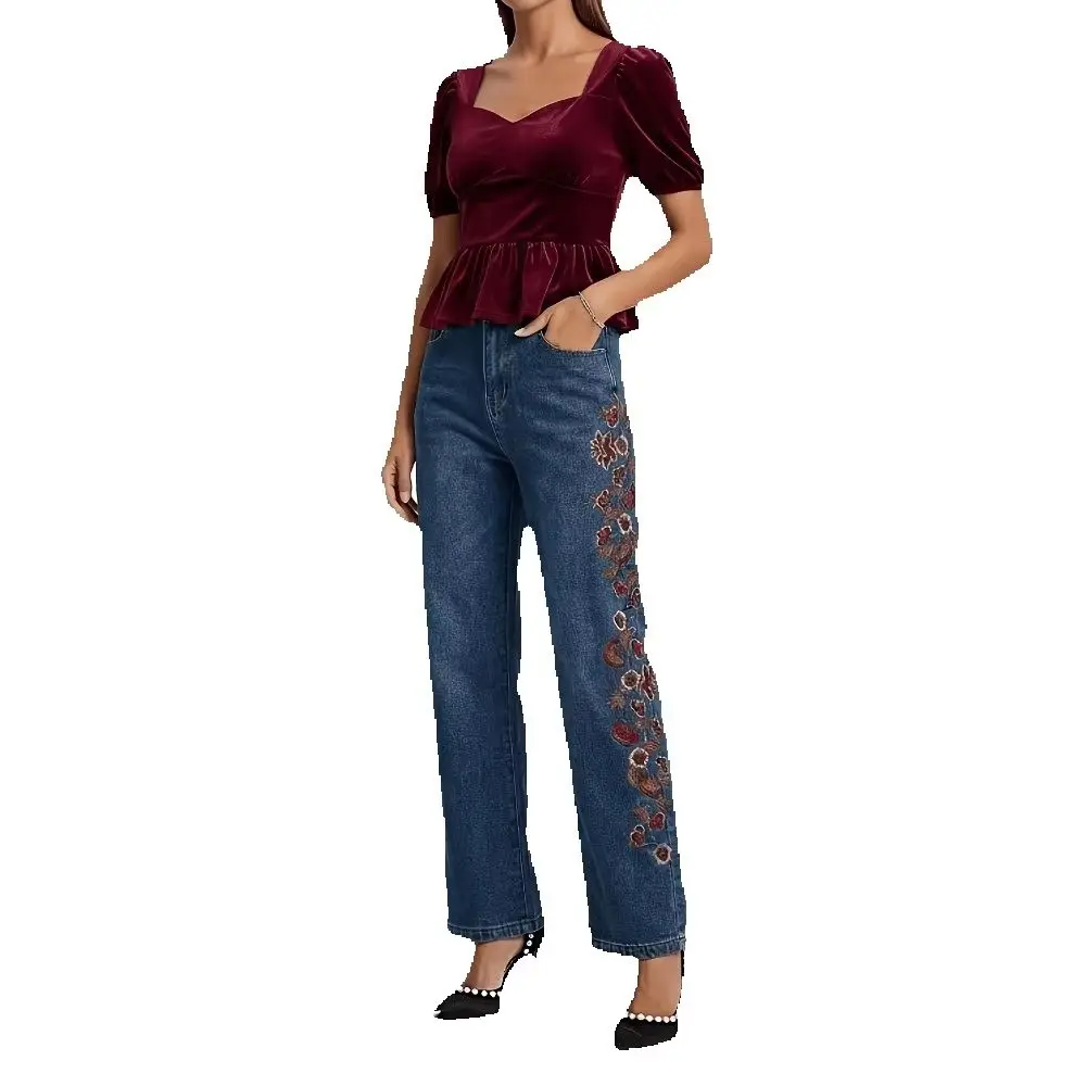 Embroidery high-grade retro blue, small straight ladies long jeans, going out to commute European style fashion sense.
