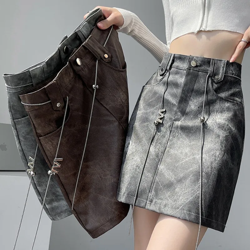 

Gray American Retro Design Sweet And Spicy PU Leather Tiger Skin Skirt Women's High Waist A-Line Sexy Bodycon Short Skirt
