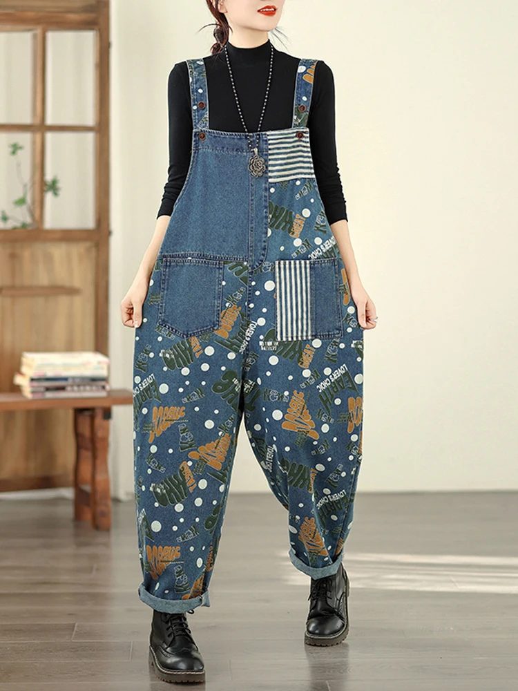 NYFS Four seasons new printing Patchwork Women Denim Overalls Trousers Female Fashion Loose Plus Size Women Jumpsuit