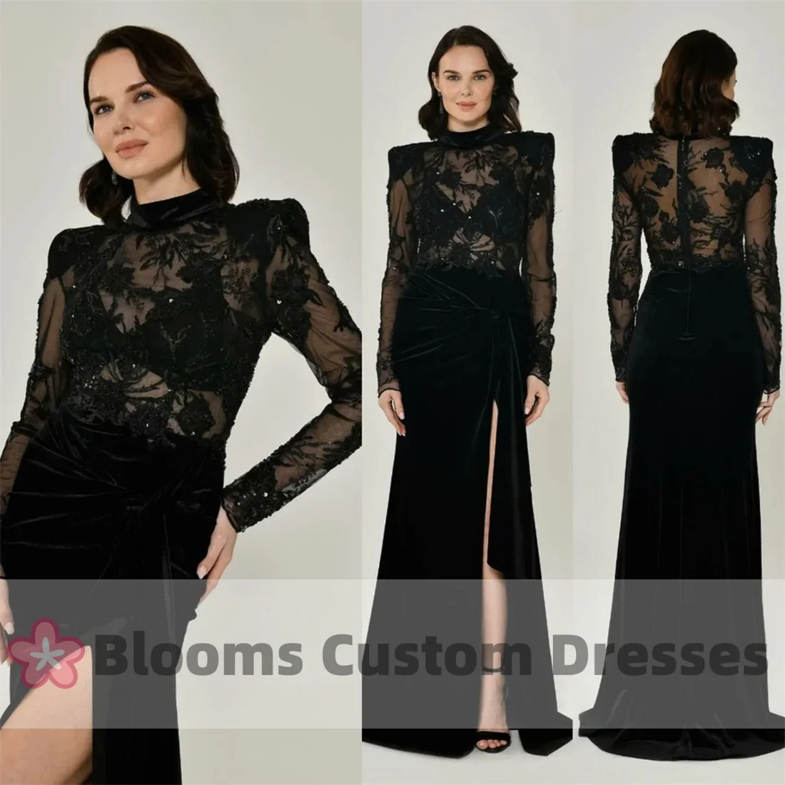 Blooms Black Velvet Customized Floral Tulle Evening Dresses For Special Occasion Long Sleeves See Through Side Slit Prom Dresses