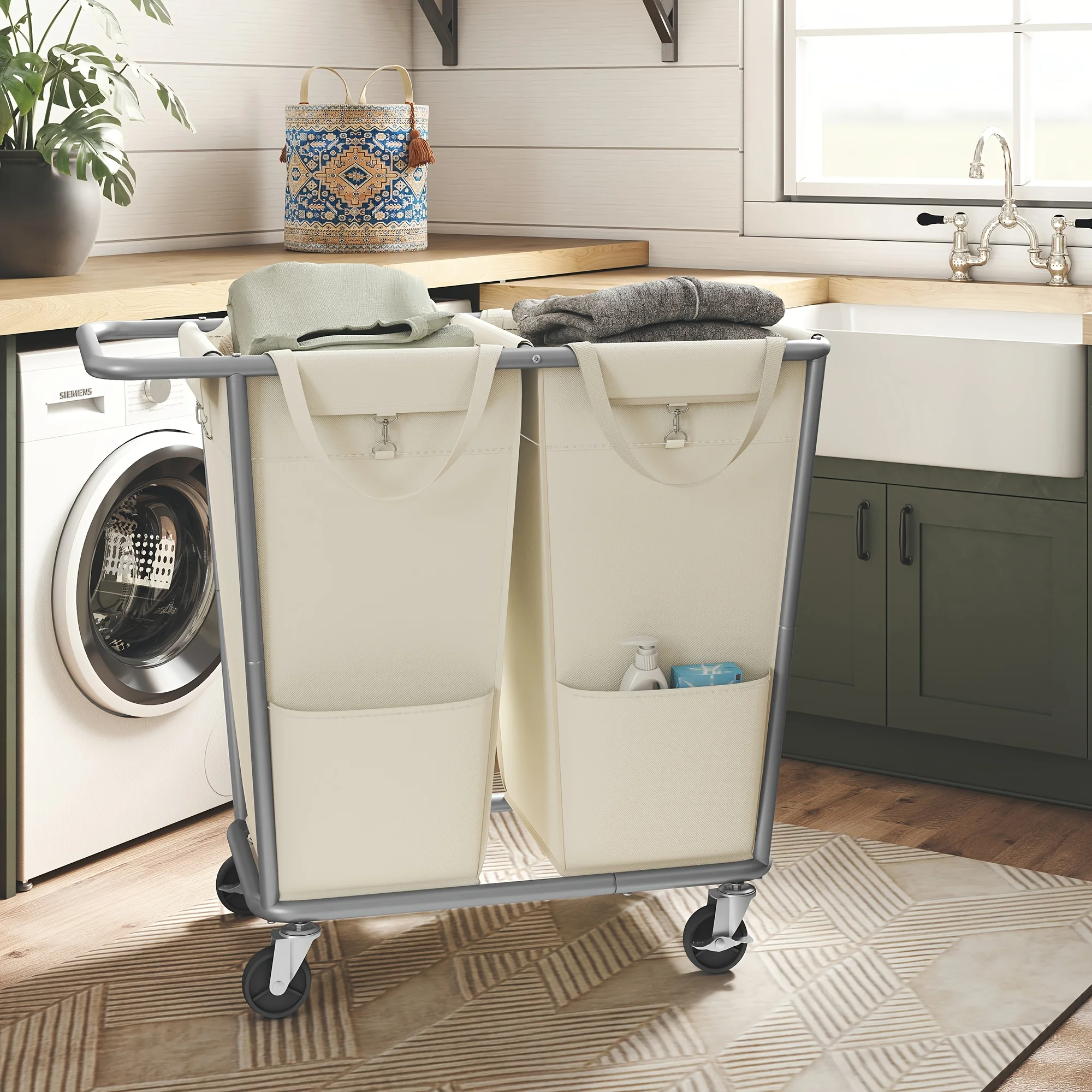 Laundry Basket with Wheels, 2-Section Laundry Sorter, 50.2 Gallons Rolling Hamper with Removable Bags, Heavy-Duty Steel Frame