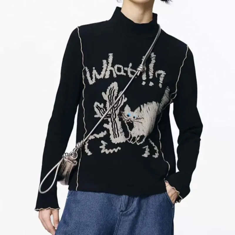 

Полуводолазка с мультяшным принтом, вязаные топы с длинными рукавами, винтажный черный трикотаж для женщин, повседневные свободные эластичные топы на весну и осень