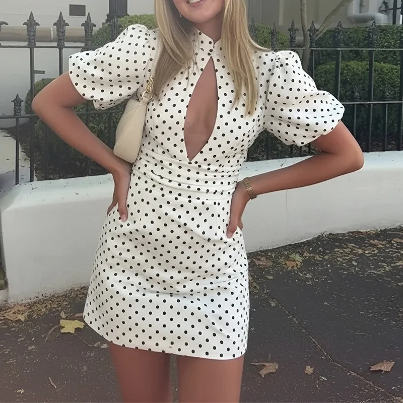 Elegant Stand Collar Hollow Polka Dot Dress Spring Summer Women Fashion Floral Dresses Tops Blouse