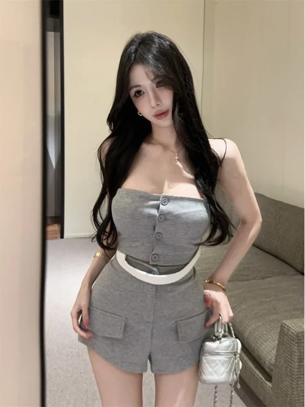 

Slimming High-Waist Grey Tube Top Vest with Chest Pad Short Pants Two-Piece Set Sleeveless Summer Women's Fashion Body Shape