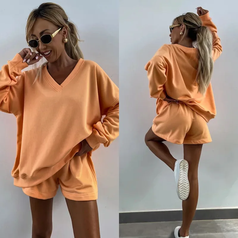 Sommer Neue frauen Casual Gestreiften Anzug Lange ärmeln V-ausschnitt Lose Top Sport Shorts 2-stück Anzug Weibliche
