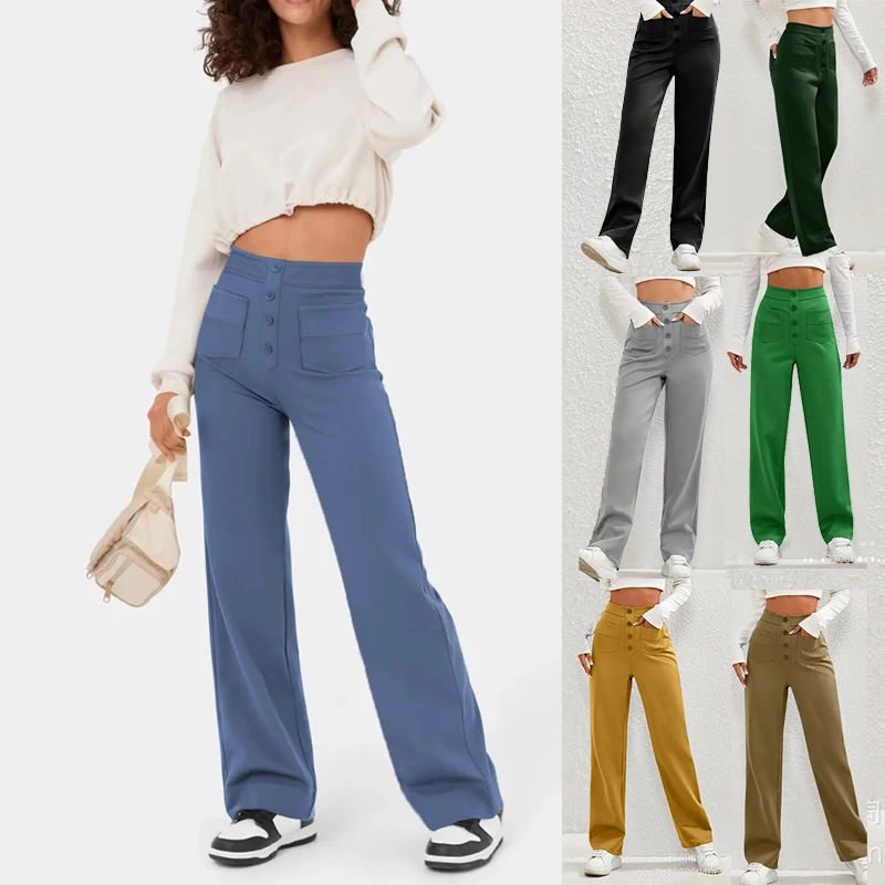 

Women's Fashion High Waist Straight Pants with Pockets Solid Color Casual Commuter Trousers Wide Leg Pants Streetwear