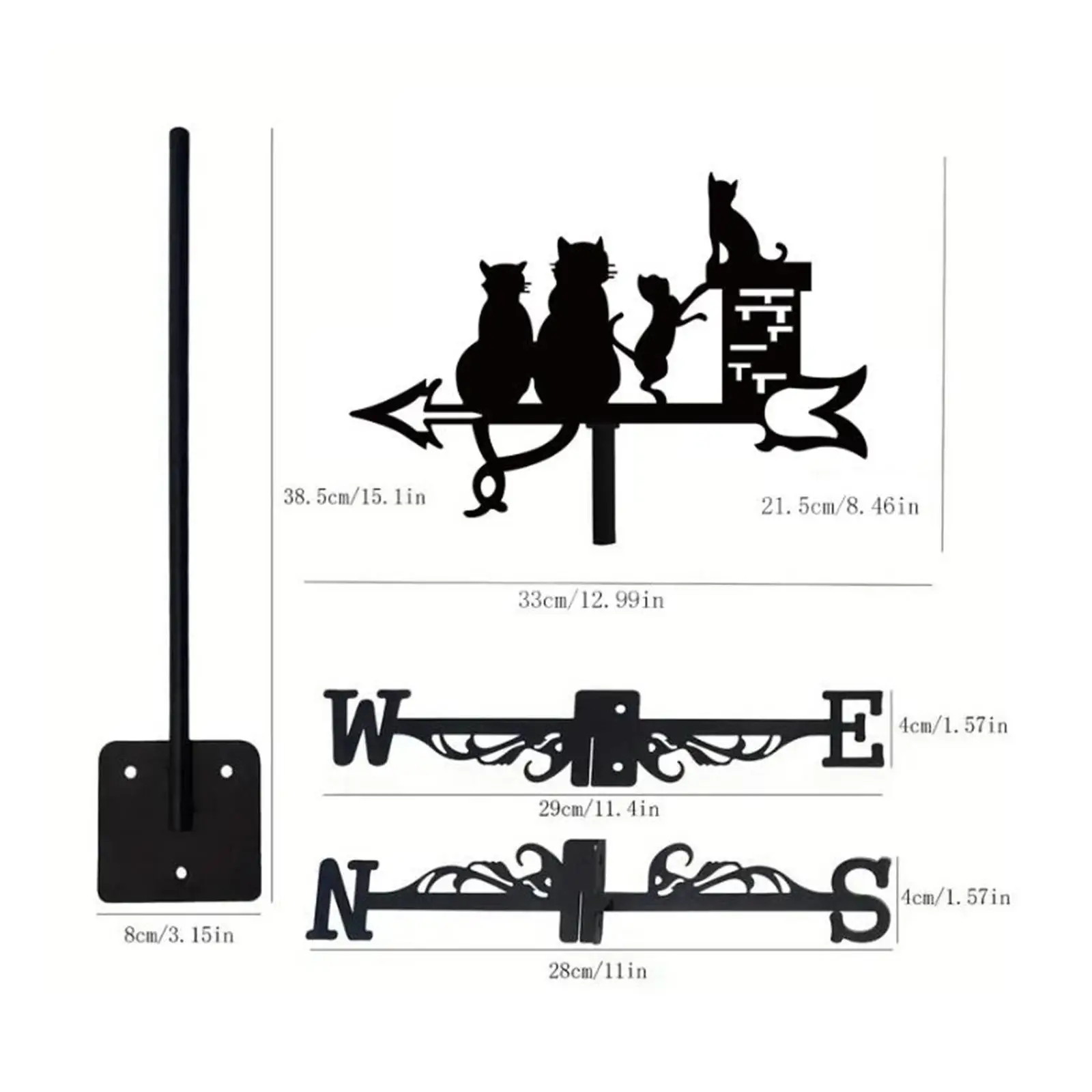 Cat Figurine Weather Vane Decorative Sign Black Iron Gift Ornament Animal Wind Vane for Courtyard Farmhouse Patio Fences Home