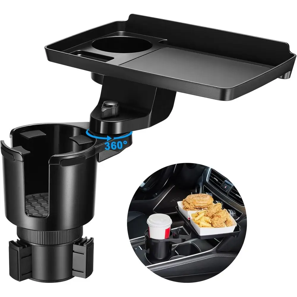 

Dual-Purpose Car Cup & Food Tray with 360° Swivel and Phone Holder for Travel Convenience