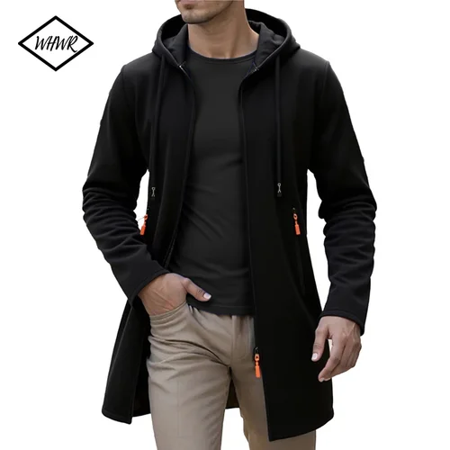 Chaquetas largas con capucha para hombre, cárdigan tejido liso, prendas de vestir, abrigos informales para hombre, ropa de calle cálida con cremallera, chaqueta con capucha, primavera y otoño