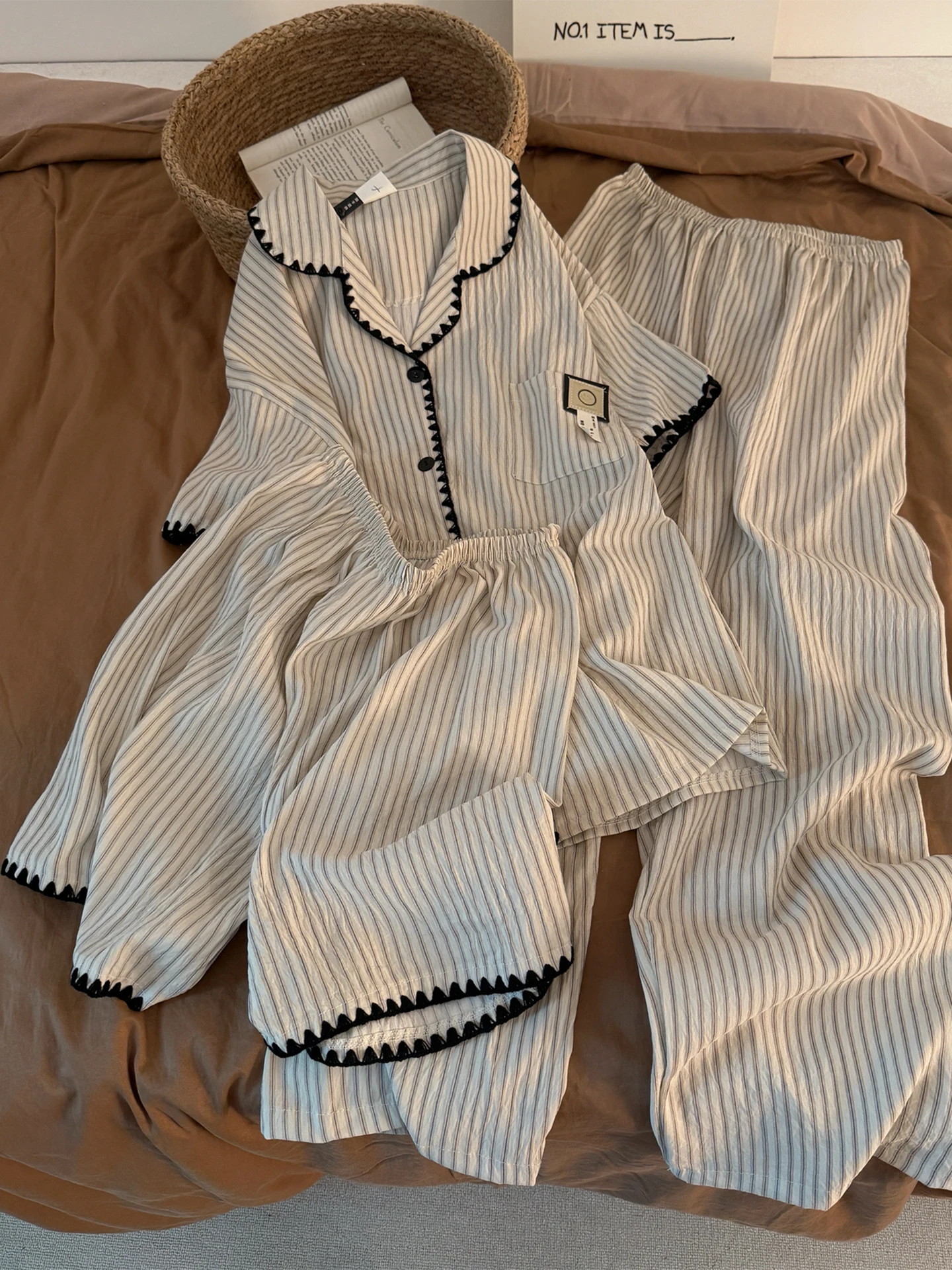 Casual Style Cotton Pajamas Men's New Summer Stripe Open Cardigan Loose Short Sleeve Three-piece Set Home Clothes