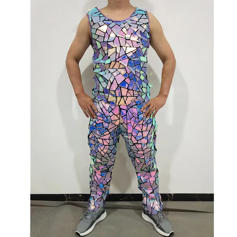 Purple Laser Mirror Vest Pants 2 Piece Set Male Nightclub Bar Gogo Party Show Rave Outfit Hip Hop Jazz Dance Costume Carnival