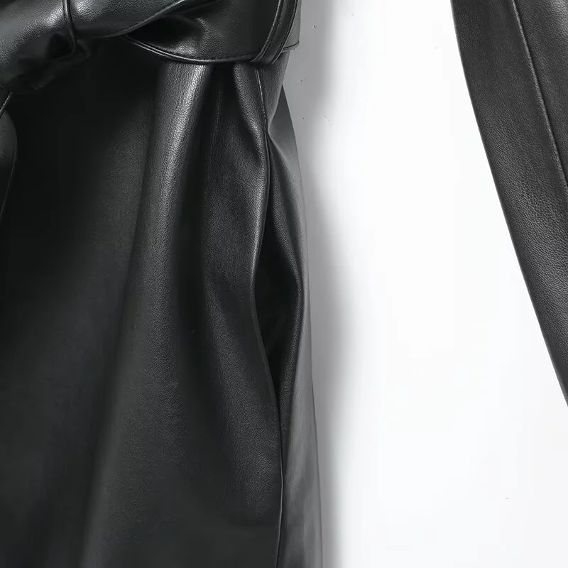 2025 Winter New Women's Casual Fashionable Temperament Lapel Faux Leather Detachable Collar with Belt Versatile Coat