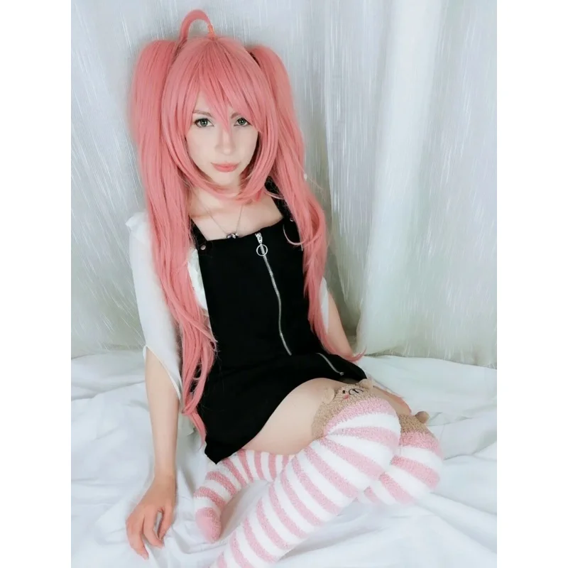 Danganronpa Junko Enoshima peruca cosplay para mulheres, cabelo rosa longo encaracolado, peruca rabo de cavalo