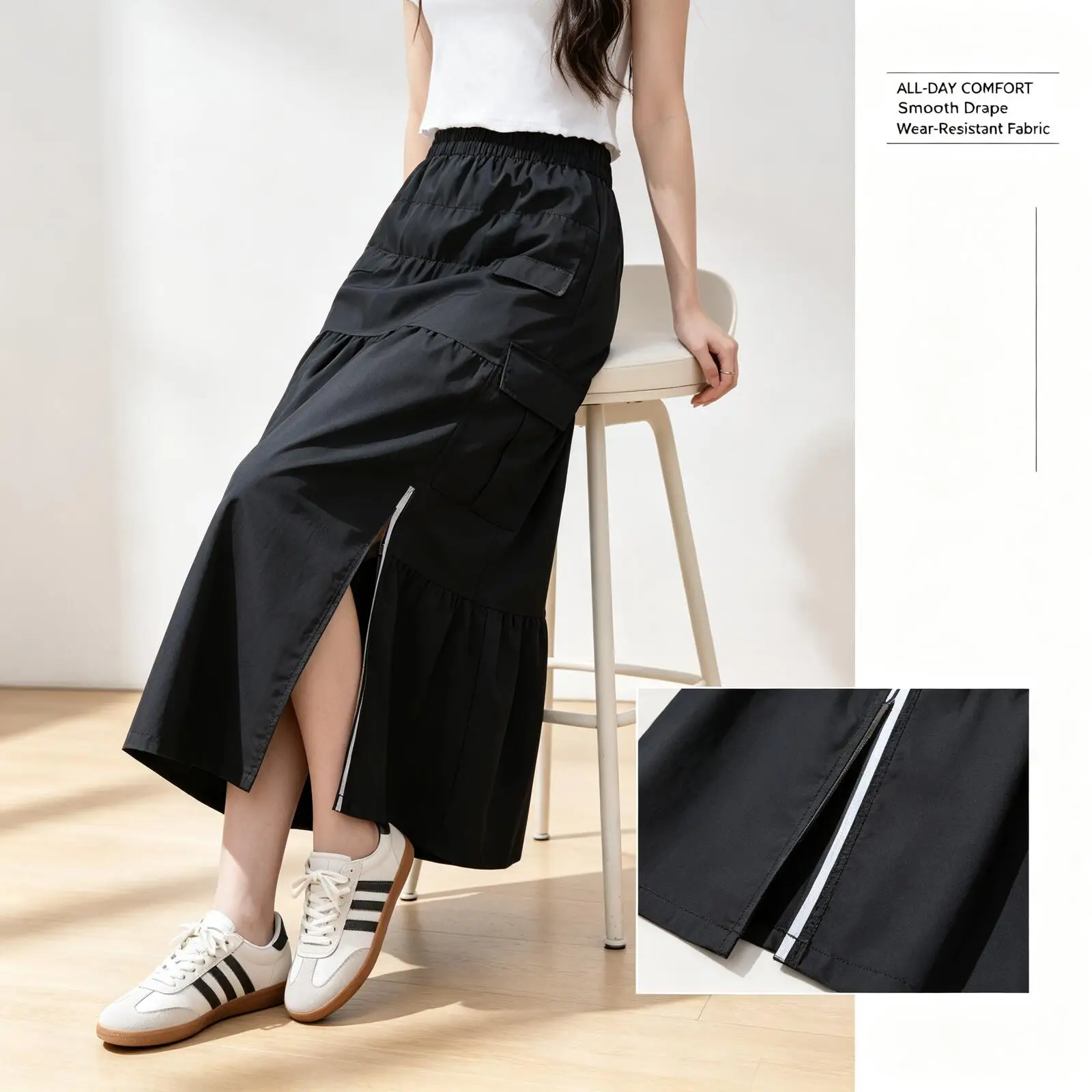 2026 Hot Adidas Black High Waist Cargo Midi Skirt Women Straight Long Skirt with Pockets Side Slit Streetwear