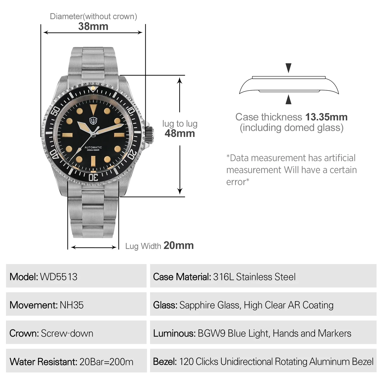 Watchdives WD5513 Reloj de buceo de 38mm NH35 movimiento automático 20Bar impermeable luminoso zafiro Vintage subrelojes hombres Reloj