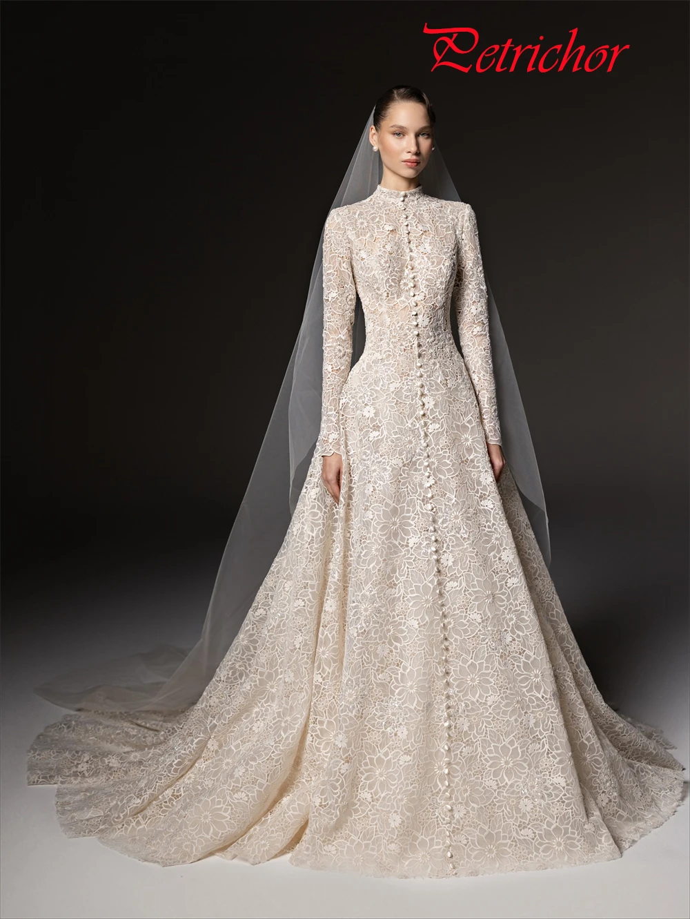 تخصيص حالمة العاج الدانتيل زي العرائس الكلاسيكية س الرقبة طويلة الأكمام فستان الزفاف الرسمي ألف خط ذيل شابيل Vestido De Novia #5