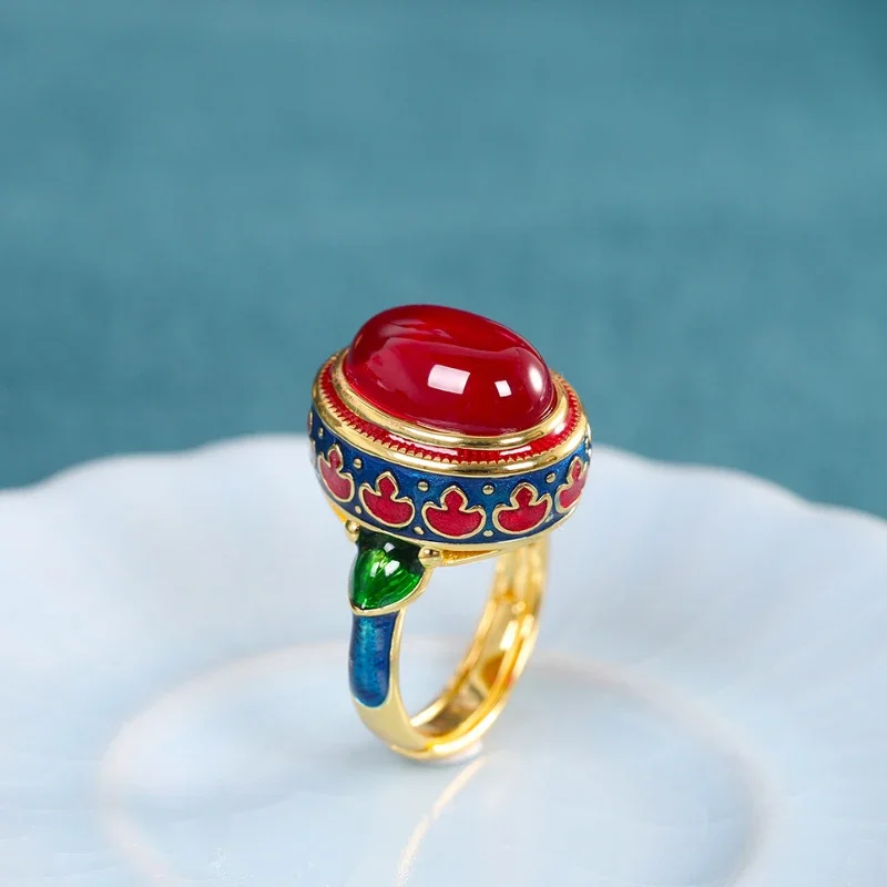 Cincin carnelian alami keahlian emas kuno asli untuk wanita bunga enamel gaya nasional ringan mewah perhiasan pernikahan