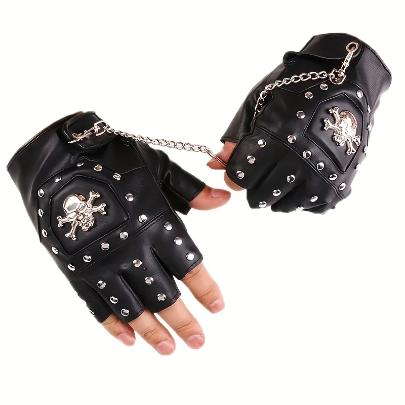 Punk Skull Rivet ถุงมือผู้หญิง Street Dance ผู้ชายแฟชั่นคู่ถุงมือไนท์คลับกันน้ํา PU หนัง Half Finger ถุงมือ