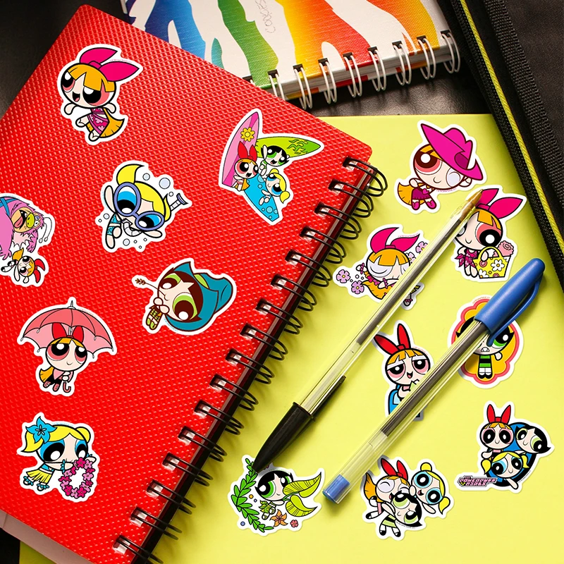 Autocollants waterproof motif The Powerpuff Girls, lot de 50 pièces, stickers, 3 styles, dessin animé, figurine, moteurs de fleurs, bouteille d'eau, sans anticorps, protection solaire, DIY