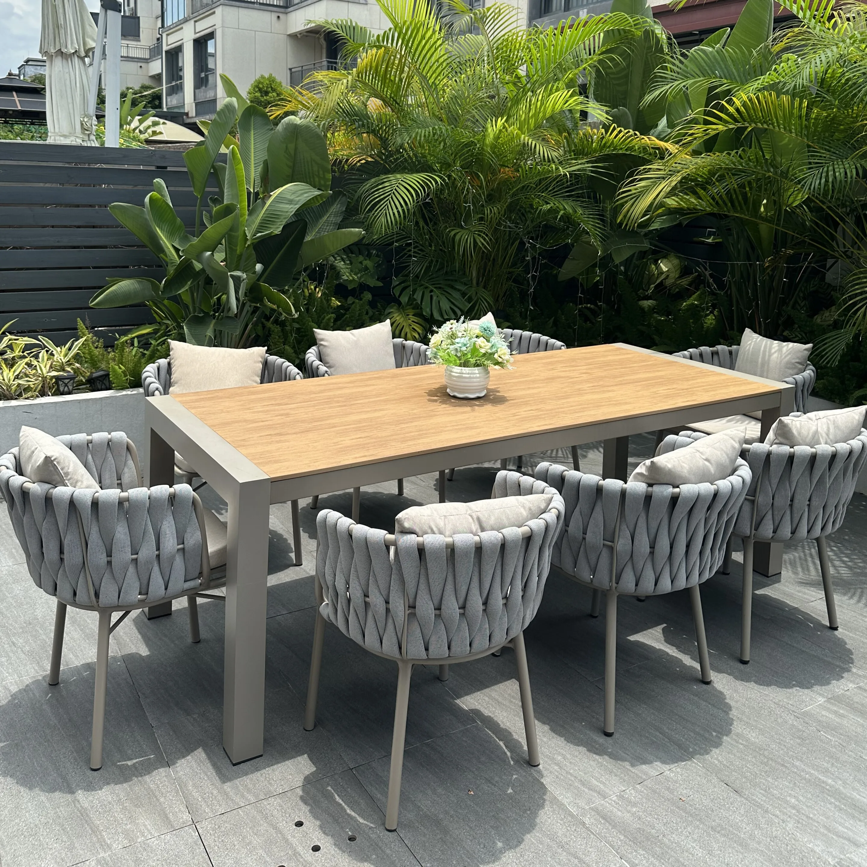 Waterproof, sun-resistant, and comfortable combination, villa garden aluminum alloy plastic wood table, webbing chair combinatio