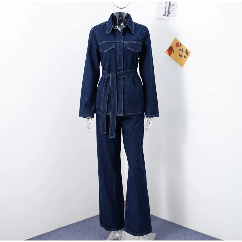 Zweiteiliges Vintage-Jeans-Set für Damen, einreihig, Reversgürtel, Jacke, passende Jeans mit hoher Taille und geradem Bein, lässiges tägliches Outfit – Detail 4