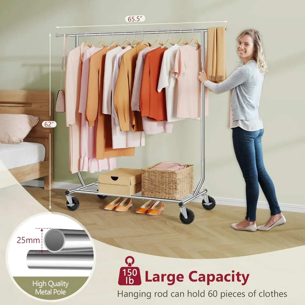 Heavy Duty Foldable Clothes Rack with Wheels, Extendable Rod, and Shelf, Max Capacity 250lbs