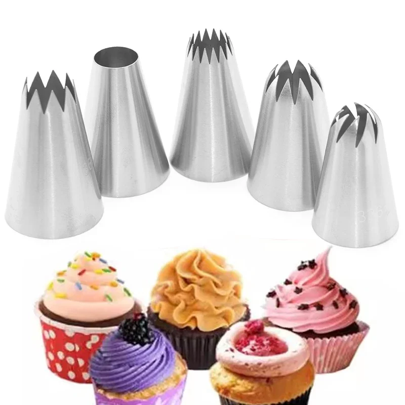 1/5pcs Extra Large Piping Nozzles Set, Stainless Steel Icing Nozzles, Cream Cake Piping Tips For Dessert Biscuit Cup Cake Tools