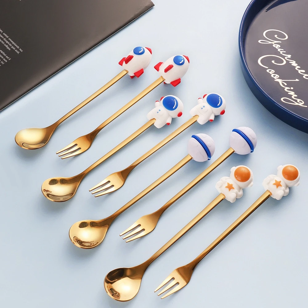 4Pcs Cartoon Spoon and Fork Q Version of Christmas Mixing Spoon Cute Fu Bag Rabbit Dessert Fruit Spoon and Fork Gift Set