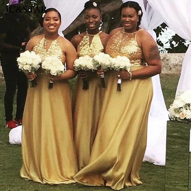 

african bridesmaid dresses gold sequined silk satin halterneck abito cerimonia donna 2022 sparkling vestidos de noche largos ele