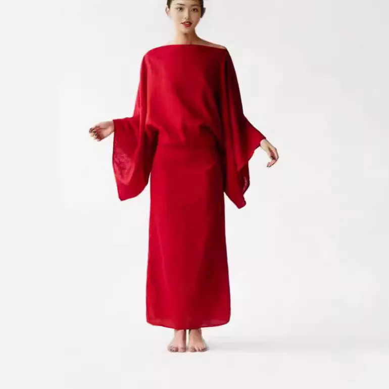 

Spring Summer New European and American Casual Cotton and Linen One-word Collar Integrated Bat Sleeve Belt Solid Color Skirt