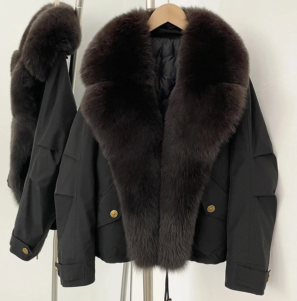 

Fox Fur Parka Jacket Women Short Style, 2025 Winter Warm Puffer Coat with White Duck Down, Real Fur Trim Hooded Jacket