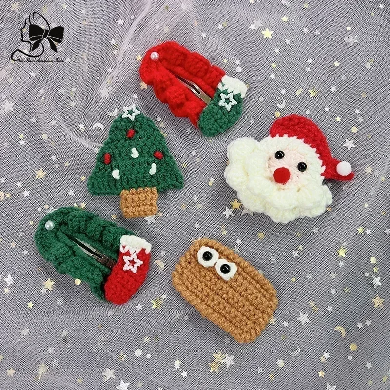 Santa Claus Hairpin Handmade Crochet Headdress Christmas Tree Socks BB Clip 2023 New Net Red Hair Accessories Hair Clips  Girls