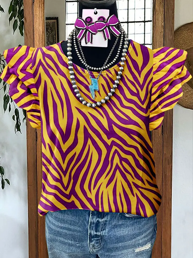 Purple Tiger Stripes Flying Sleeve Top Women Gameday Blouse