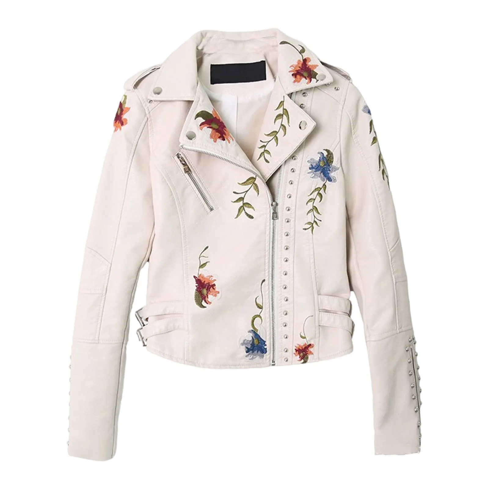 

White Windproof PU Leather Rivet Coat For Women And Durable Biker Jacket Biker Jacket Women