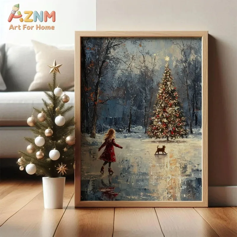 Vintage Print Girl Skating with Cat Christmas Tree Winter Snow Scene Unframed Canvas Wall Art for Bedroom Living Room Home Decor