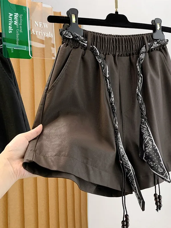 Authentic Leather Shorts High Waist A-Line Wide Leg Pants Casual Style mid Autumn Collection Ladies Fashion Polyester Fiber