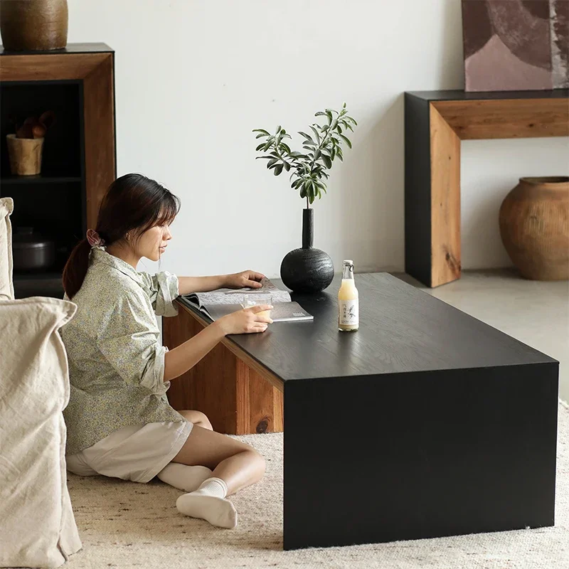 

Black coffee table, rectangular solid wood, old pine wood, and oak veneer for small household living room furniture