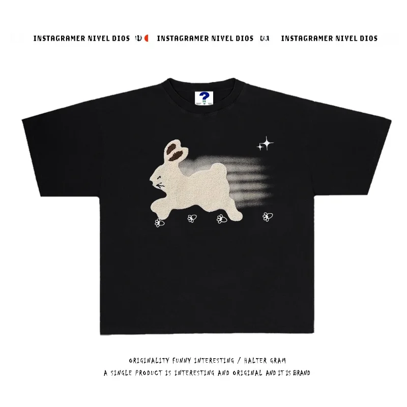 

Футболка с уникальным принтом кролика, американский стиль, повседневная, свободного кроя, из дышащего хлопка, летний топ для молодежи