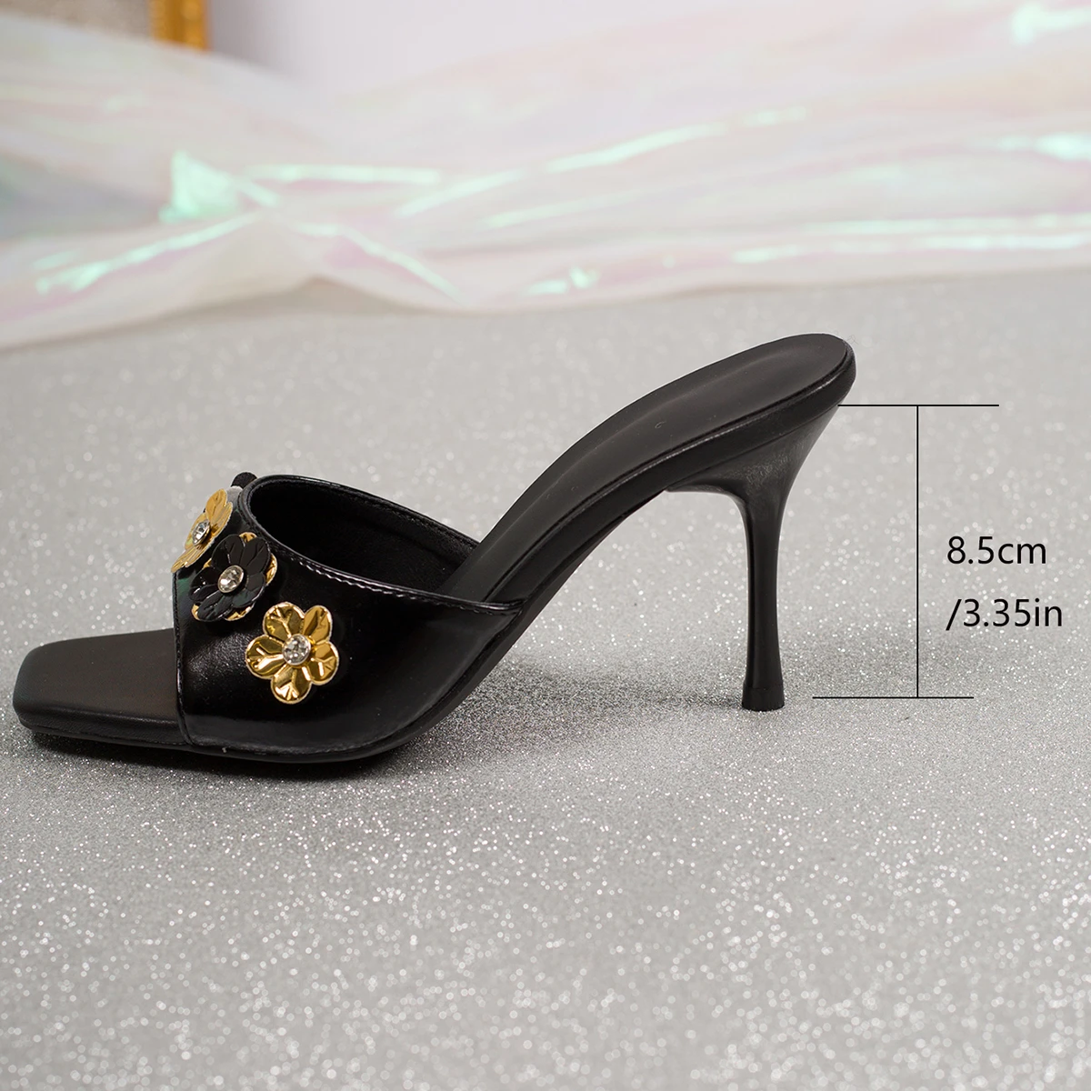Women Square Toe Glossy PU Metal Flower Rhinestone Decor Stiletto Heel Slide Mules Slip‑On Party Dress Heeled Sandals Black view 6