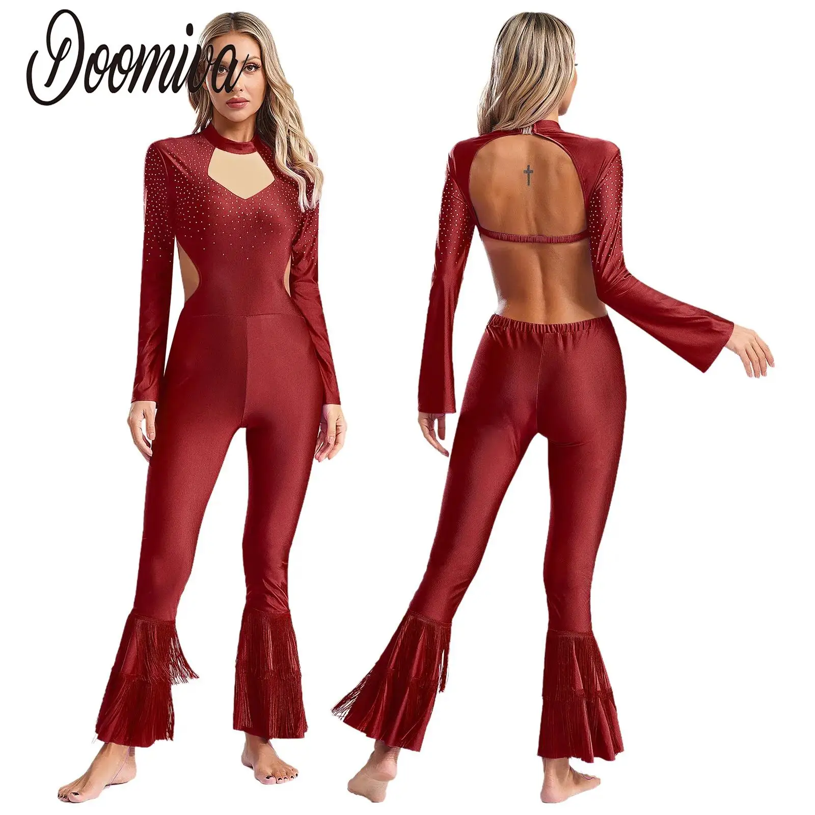 

Women Full Body Jumpsuit Dresses for Dance Rhythmic Gymnastic Figure Skating Performance Costume Long Sleeve Leotards Dancewear