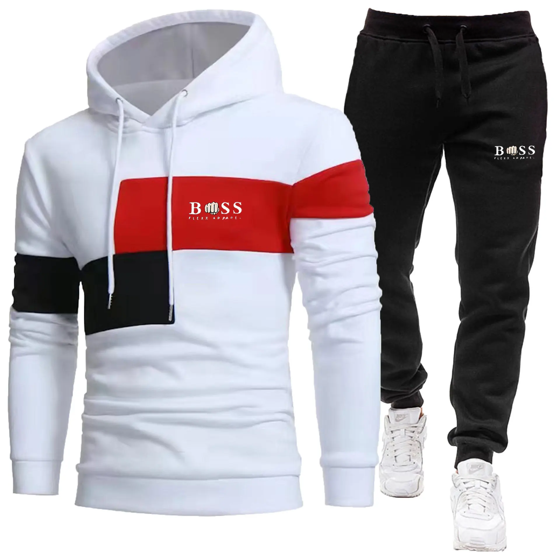 2024 Autumn/Winter New Men\'s plush patchwork hoodie set, three piece casual sports printed hoodie two-piece set
