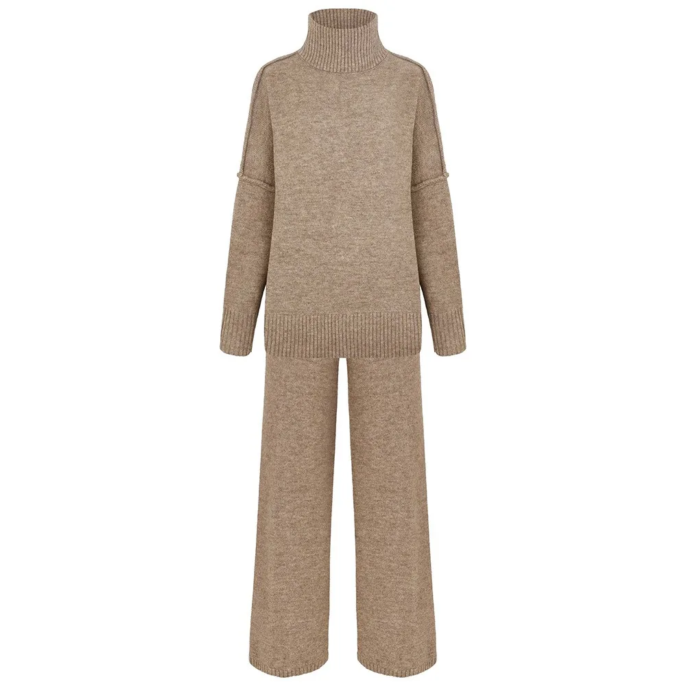 Turtleneck Sweater Suit for Women European and American Autumn and Winter New Loose Casual Lazy Thickened Knitted Trousers Suit