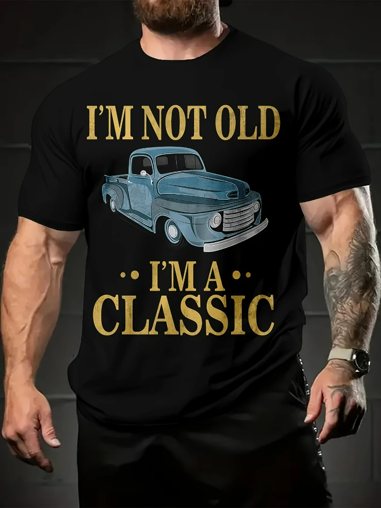 

Letter car painting summer T-shirt casual cotton printed men's round neck T-shirt